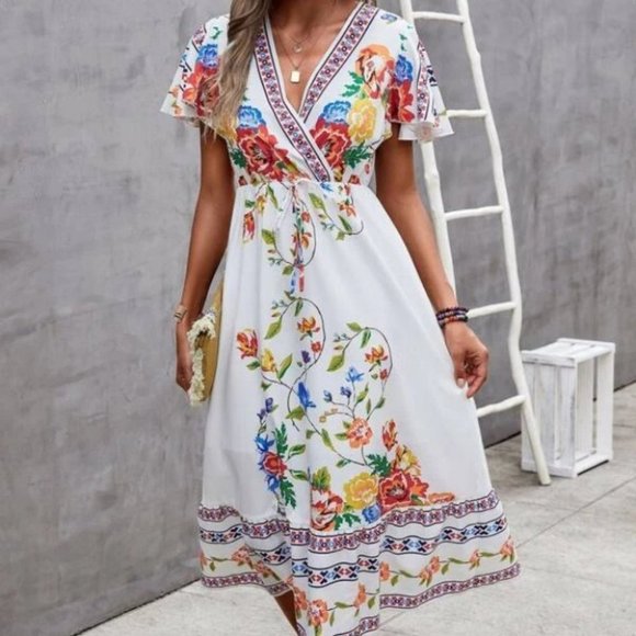 Overlap Collar Flutter Sleeves Tied Front Floral Midi Dress white - Picture 1 of 5